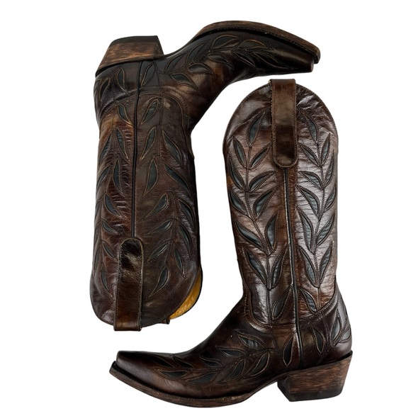 Old Gringo Snip Toe Inlay Leaf Pattern Vintage Boots Women 5.5B in Brown - Picture 6 of 10